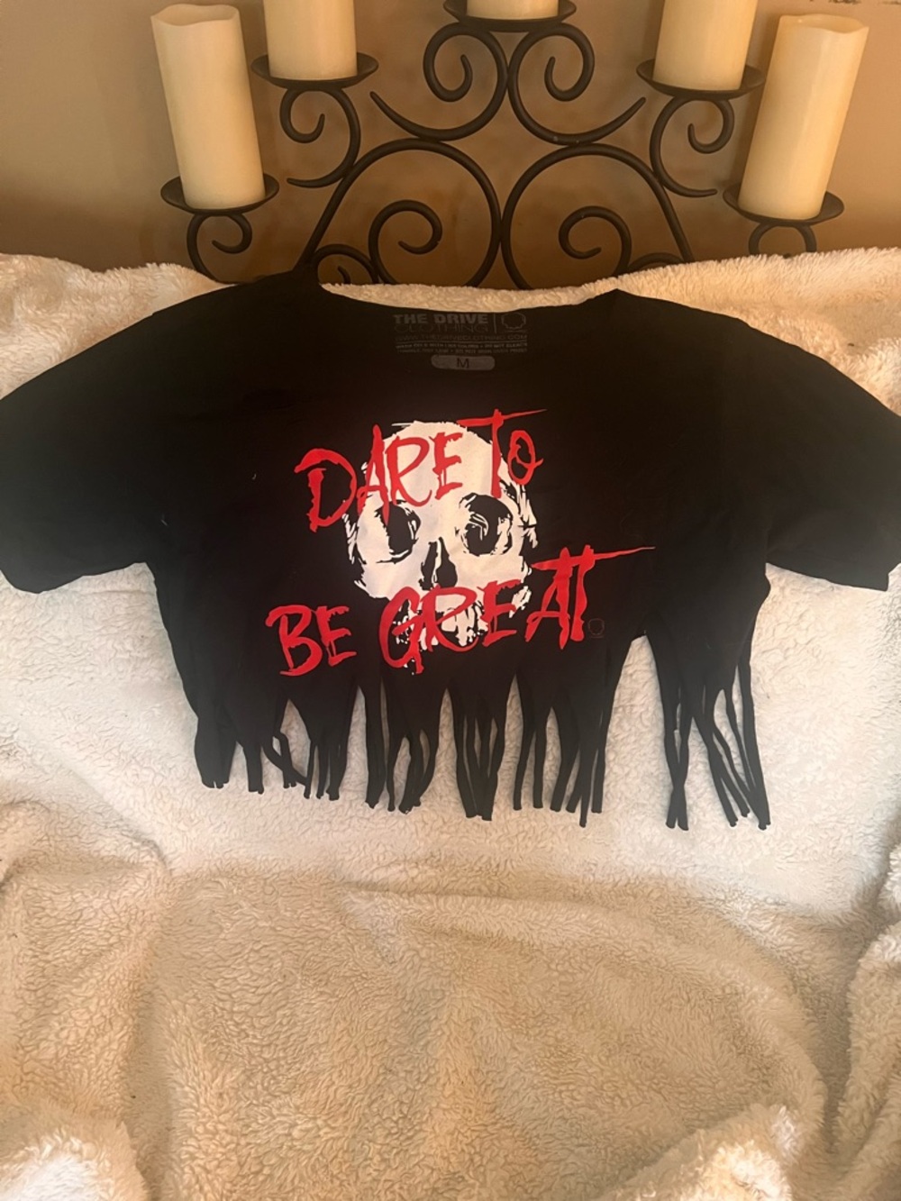 'Dare To Be Great' Black Cropped Fringe Tee